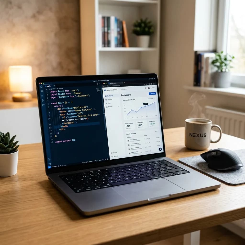 Portátil con código y un panel de la aplicación en desarrollo